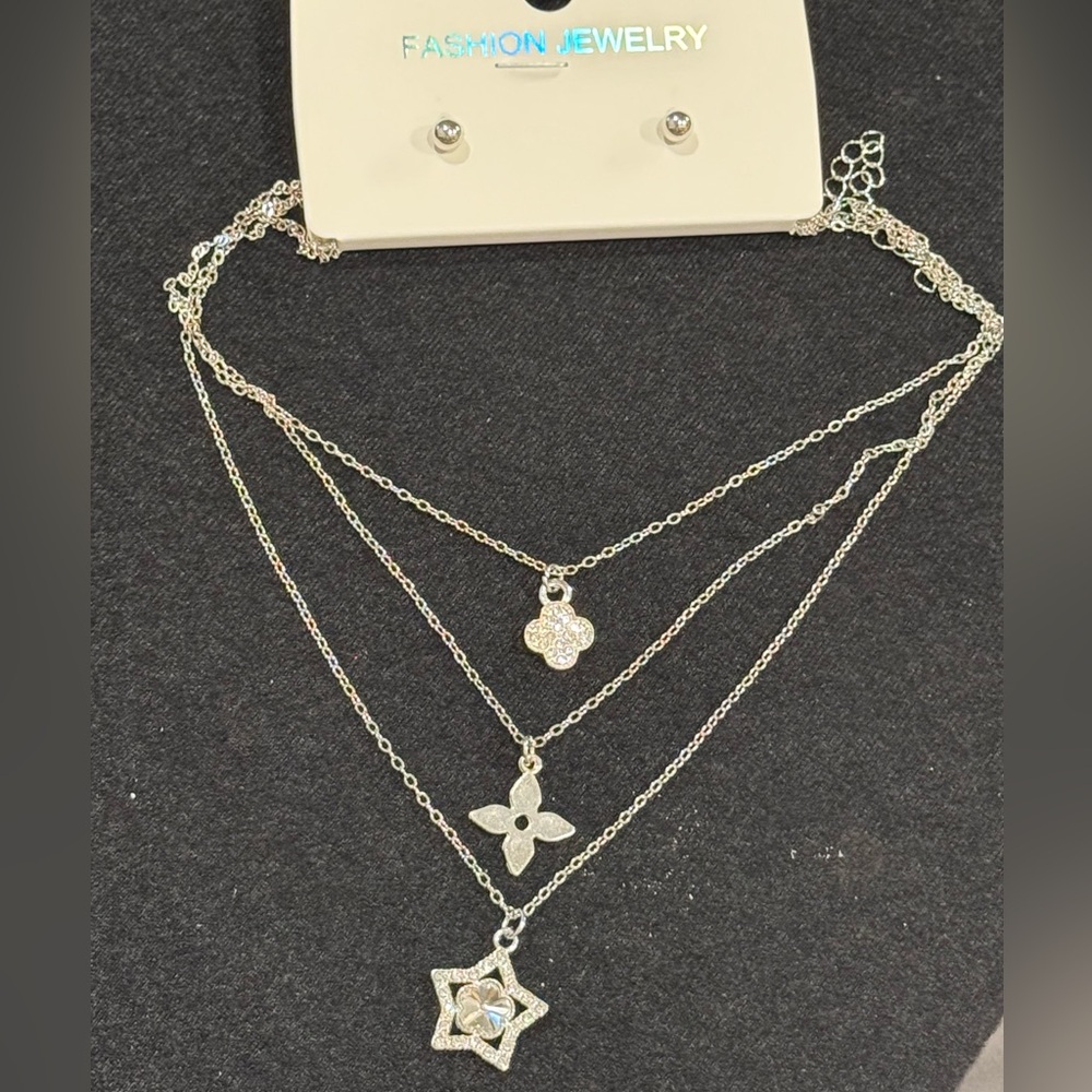 Elegant Silver Tone Multi-chain with Crystal Star Clover Pendants 15.5-18.5 inch